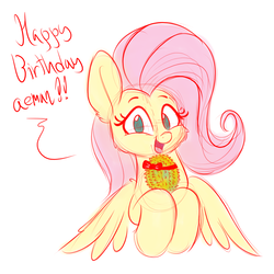 Size: 1000x1000 | Tagged: safe, artist:heir-of-rick, fluttershy, pony, g4, birthday gift, colored sketch, dialogue, durian, female, food, looking at you, mare, open mouth, simple background, smiling, solo, white background