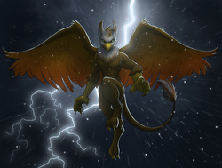 Size: 3200x2413 | Tagged: safe, artist:temiree, oc, oc only, oc:ember burd, griffon, anthro, anthro oc, claws, commission, eared griffon, flying, front view, griffon oc, high res, lightning, looking at you, paws, rain, solo, spread wings, storm, talons, wings