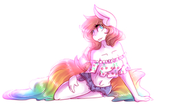 Size: 583x365 | Tagged: safe, artist:mscolorsplash, oc, oc only, oc:color splash, anthro, belly button, female, midriff, simple background, solo, strapless, sultry pose, white background