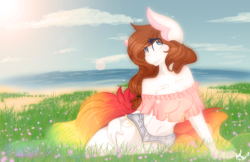 Size: 5100x3300 | Tagged: safe, artist:mscolorsplash, oc, oc only, oc:color splash, anthro, belly button, cloud, female, grass, midriff, simple background, solo, strapless, sultry pose, water, white background