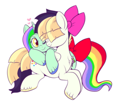 Size: 850x748 | Tagged: safe, artist:lulubell, songbird serenade, oc, oc:noodle doodle, pony, unicorn, g4, my little pony: the movie, bow, canon x oc, chest fluff, cuddling, female, hair bow, heart, lesbian, looking back, mare, one eye closed, shipping, simple background, smiling, transparent background