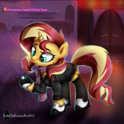Size: 3000x3000 | Tagged: safe, artist:katakiuchi4u, sunset shimmer, pony, unicorn, g4, clothes, female, high res, horn, jacket, mare, patreon, patreon logo, raised hoof, shoes, smiling, snow, solo, winter