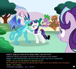 Size: 3150x2857 | Tagged: safe, artist:succubi samus, button mash, princess ember, rarity, spike, starlight glimmer, sweetie belle, dragon, earth pony, pony, unicorn, g4, bench, brofist, burned, catfight, colt, commission, cute, dialogue, dialogue box, dragon lord ember, emberbetes, female, filly, filming, foal, food, high res, horn, implied polyamory, male, mare, meta, popcorn, ship:emberspike, ship:sparity, ship:spikebelle, ship:sweetiemash, shipping, shipping war, show accurate, sitting, soap opera, spike gets all the mares, straight, text, video camera, visual novel, waifu fight, wat, what the heck?, wtf
