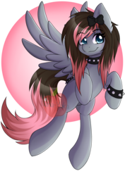 Size: 2480x3507 | Tagged: safe, artist:nana-yuka, oc, oc only, pegasus, pony, blue eyes, blushing, bow, brown mane, collar, female, flying, high res, looking at you, mare, red mane, smiling, solo, spiked collar, spiked wristband, wristband