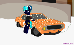 Size: 1928x1185 | Tagged: safe, artist:sketchlines, oc, oc only, oc:speed hunter, pony, bipedal, car, christmas, christmas lights, clothes, hat, holiday, jacket, snow, solo