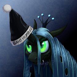 Size: 800x799 | Tagged: safe, artist:amethystlongcat, queen chrysalis, changeling, g4, bust, christmas, christmas changeling, commission, ebenezer scrooge, fangs, female, glowing eyes, grumpy, hat, holiday, pun, santa hat, scowl, signature, solo, visual pun