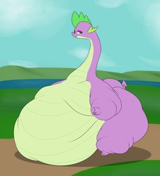 Size: 1165x1280 | Tagged: safe, artist:astr0zone, spike, dragon, g4, belly, big belly, bingo wings, fat, fat spike, huge belly, huge butt, impossibly large belly, impossibly large butt, large belly, large butt, long neck, male, moobs, morbidly obese, necc, obese, smug, solo, waddle, wat