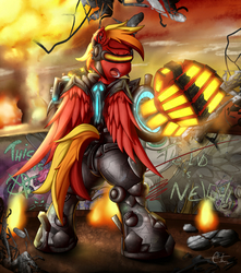 Size: 1033x1166 | Tagged: safe, artist:calena, oc, oc only, oc:fire dash, pegasus, robot, anthro, clothes, commission, explosion, fire, gloves, graffiti, league of legends, ponified, red sky, solo, the end is neigh, wings, wreckage