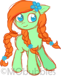 Size: 1771x2216 | Tagged: safe, artist:mobubbles, oc, oc only, oc:spring leap, earth pony, pony, blue eyes, braid, cute, female, filly, flower, flower in hair, green pony, orange hair