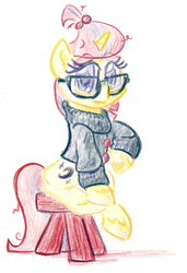 Size: 590x864 | Tagged: safe, artist:shoeunit, moondancer, pony, unicorn, g4, clothes, colored pencil drawing, female, glasses, looking at you, mare, sitting, solo, stool, sweater, traditional art