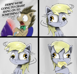 Size: 2000x1911 | Tagged: safe, artist:chopsticks, derpy hooves, doctor whooves, time turner, earth pony, pony, g4, bowtie, comic, crash landing, cute, derp, derpabetes, dialogue, female, flying, looking at you, male, mare, nom, screen, stallion, this will not end well