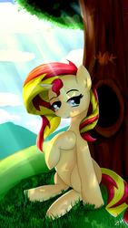 Size: 1440x2560 | Tagged: safe, artist:dashy21, sunset shimmer, pony, unicorn, g4, crepuscular rays, female, sitting, solo, tree