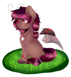 Size: 3209x3465 | Tagged: safe, artist:doux-ameri, oc, oc only, grottoling, ladybug, original species, pony, :o, body freckles, butt freckles, female, freckles, high res, insect on nose, insect on someone, mare, open mouth, sitting, solo