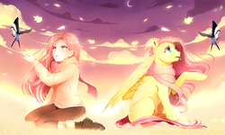 Size: 1375x825 | Tagged: safe, artist:aidapone, fluttershy, bird, human, pegasus, pony, g4, clothes, crying, duality, female, flying, human ponidox, humanized, mare, raised hoof, scarf, self ponidox, sitting, sky, wallpaper