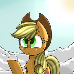 Size: 1000x1000 | Tagged: dead source, safe, artist:vale-bandicoot96, applejack, earth pony, pony, g4, applejack's hat, chest fluff, cowboy hat, female, freckles, hat, mare, raised hoof, smiling, snow, snowball, solo, winter