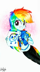 Size: 2121x3771 | Tagged: safe, artist:liaaqila, rainbow dash, a queen of clubs, equestria girls, g4, my little pony equestria girls: better together, clothes, drawing, female, high res, pants, paper, peace sign, scene interpretation, signature, simple background, smiling, solo, traditional art, white background