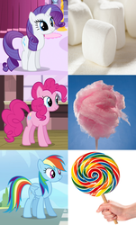 Size: 1164x1932 | Tagged: safe, pinkie pie, rainbow dash, rarity, g4, candy, comparison, cotton candy, food, lollipop, marshmallow, rarity is a marshmallow