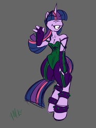 Size: 960x1280 | Tagged: safe, artist:bastianmage, twilight sparkle, anthro, unguligrade anthro, g4, bangs, belt, bracer, clothes, evil twilight, eyebrows, female, grin, hair over eyes, horn, mirror universe, off shoulder, pointy horn, simple background, smiling, solo, teeth, waving