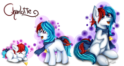Size: 3739x2003 | Tagged: safe, artist:shamy-crist, oc, oc only, oc:charlotte, earth pony, pony, age progression, baby, baby pony, clothes, female, filly, high res, mare, prone, scarf, sleeping, solo