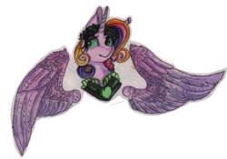 Size: 800x559 | Tagged: safe, artist:rinioshi, queen chrysalis, alicorn, pony, g4, bust, fake cadance, female, floral head wreath, flower, mare, portrait, solo, traditional art, wings