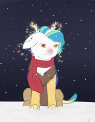 Size: 707x911 | Tagged: safe, artist:mah521, oc, oc only, oc:apollo, hybrid, christmas, christmas lights, holiday, interspecies offspring, male, night, offspring, parent:discord, parent:princess celestia, parents:dislestia, sitting, snow, solo