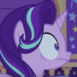 Size: 382x384 | Tagged: safe, screencap, starlight glimmer, pony, unicorn, g4, to where and back again, bust, cropped, female, frightened, mare, portrait, profile, shrunken pupils, solo, wide eyes