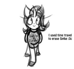 Size: 836x785 | Tagged: safe, artist:lil miss jay, starlight glimmer, pony, unicorn, g4, abuse, bad end, clothes, female, grayscale, implied spike, implied time travel, monochrome, shirt, smiling, solo, spikeabuse, t-shirt, time travel