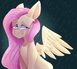 Size: 1023x922 | Tagged: safe, artist:erinartista, fluttershy, pegasus, pony, g4, chest fluff, crying, ear fluff, female, mare, rain, sad, sitting, solo