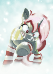 Size: 1156x1600 | Tagged: safe, artist:grayworldcorporation, oc, oc only, oc:mr kizu, pony, unicorn, blurry, blushing, clothes, ear fluff, female, looking at you, mare, scarf, smiling, snow, socks, solo, striped socks, winter