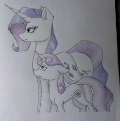 Size: 1926x1946 | Tagged: safe, artist:hoodiethepainter, rarity, sweetie belle, pony, unicorn, g4, female, filly, mare, traditional art