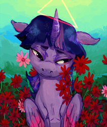 Size: 806x956 | Tagged: safe, artist:colorlesscupcake, twilight sparkle, alicorn, pony, g4, abstract background, female, floppy ears, flower, folded wings, mare, solo, twilight sparkle (alicorn)