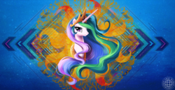 Size: 1980x1020 | Tagged: source needed, safe, artist:fantazyme, artist:grayworldcorporation, edit, princess celestia, alicorn, pony, g4, bust, cute, cutelestia, female, jewelry, looking at you, mare, regalia, smiling, solo, sun, wallpaper, wallpaper edit