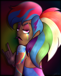 Size: 4800x6000 | Tagged: safe, artist:cosmicchrissy, rainbow dash, human, g4, absurd resolution, alternate hairstyle, dark skin, devil horn (gesture), female, humanized, solo, tattoo