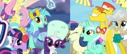 Size: 1125x480 | Tagged: safe, gameloft, screencap, bon bon, carrot cake, fluttershy, lyra heartstrings, mayor mare, rarity, sweetie drops, twilight sparkle, earth pony, pegasus, pony, unicorn, g4, the cutie re-mark, bow, ribbon