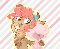 Size: 1024x835 | Tagged: dead source, safe, artist:flourret, oc, oc only, oc:whimsy, oc:whitford, hybrid, yakony, female, interspecies offspring, male, offspring, parent:pinkie pie, parent:prince rutherford, parents:pinkieford, siblings, side hug