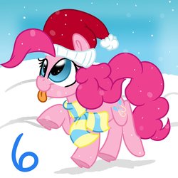 Size: 2000x2000 | Tagged: safe, artist:jen-neigh, pinkie pie, earth pony, pony, g4, :p, christmas, clothes, female, hat, high res, holiday, looking up, mare, santa hat, scarf, smiling, snow, snowfall, solo, tongue out