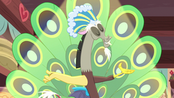 Size: 1280x720 | Tagged: safe, screencap, discord, draconequus, discordant harmony, g4, eyes closed, feather, male, peacock feathers, peacock tail, solo, spread arms