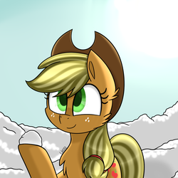 Size: 1000x1000 | Tagged: safe, artist:vale-bandicoot96, applejack, earth pony, pony, g4, applejack's hat, chest fluff, cowboy hat, female, freckles, hat, mare, raised hoof, smiling, snow, snowball, solo, winter