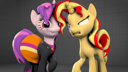 Size: 7680x4320 | Tagged: safe, artist:fd-daylight, sunset shimmer, oc, pony, unicorn, g4, 3d, absurd resolution, angry, clothes, clothes swap, duo, equestria girls outfit, happy, jacket, leather jacket, raised hoof, skirt, source filmmaker