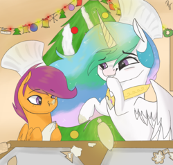 Size: 1280x1217 | Tagged: safe, artist:poowndraww, princess celestia, scootaloo, g4, boop, chef's hat, christmas, christmas lights, christmas tree, cookie, cute, cutealoo, cutelestia, food, frosting, hat, holiday, messy, momlestia, requested art, scootalove, scrunchy face, tree