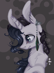 Size: 690x929 | Tagged: safe, artist:rinioshi, oc, oc only, pony, unicorn, bags under eyes, bust, chest fluff, ear fluff, feather, female, hair over one eye, looking down, mare, portrait, solo