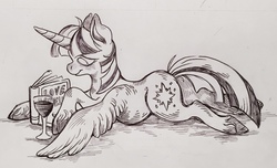 Size: 1280x780 | Tagged: safe, artist:nelfs, twilight sparkle, alicorn, pony, g4, alcohol, black and white, book, female, glass, grayscale, lying, mare, monochrome, prone, reading, solo, spread wings, traditional art, twilight sparkle (alicorn), unshorn fetlocks, wine, wine glass, wings