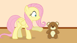 Size: 711x394 | Tagged: safe, artist:forgalorga, fluttershy, pegasus, pony, your little cat, g4, :<, animated, behaving like a cat, cute, female, gif, mare, shyabetes, solo, standing, teddy bear, weapons-grade cute