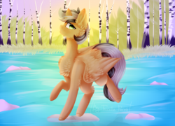 Size: 2000x1436 | Tagged: safe, artist:twinkepaint, oc, oc only, oc:artsong, pegasus, pony, female, mare, solo, tree, water