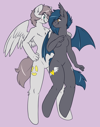Size: 1337x1709 | Tagged: safe, artist:fizzy-dog, oc, oc only, oc:nuke, oc:speck, bat pony, pegasus, anthro, unguligrade anthro, anatomically incorrect, anthro oc, barbie doll anatomy, bat pony oc, breasts, commission, duo, featureless breasts, featureless crotch, female, husband and wife, incorrect leg anatomy, looking at each other, male, mare, married couple, married couples doing married things, smiling, speke, stallion
