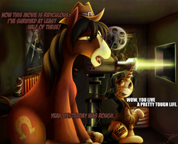 Size: 1250x1008 | Tagged: safe, artist:jamescorck, trouble shoes, oc, oc:movie slate, earth pony, pony, unicorn, g4, a million ways to die in the west, cinema, cowboy hat, dialogue, female, hat, male, mare, movie, movie review, size difference, smiling, stallion, tall, unicorn oc, unshorn fetlocks
