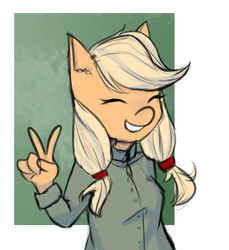 Size: 984x1074 | Tagged: safe, artist:itsanemi, applejack, anthro, g4, abstract background, alternate hairstyle, bust, cute, eyes closed, female, jackabetes, peace sign, pigtails, smiling