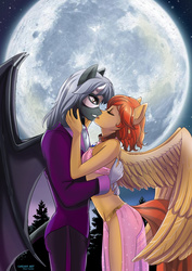 Size: 2480x3508 | Tagged: source needed, safe, artist:lifejoyart, oc, oc only, oc:firetale, oc:lavish tyrant, bat pony, pegasus, anthro, bat pony oc, bat wings, belly dancer, belly dancer outfit, bocas top, clothes, collar, eyes closed, female, forest, full moon, harem outfit, high res, kissing, male, mare, mask, moon, night, romantic, slave, slave outfit, stallion, tuxedo, tyrantale, wings