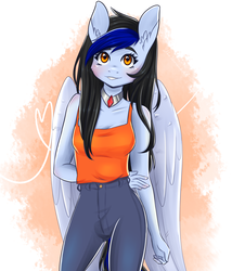 Size: 2400x2800 | Tagged: safe, artist:silbersternenlicht, oc, oc only, oc:bloom, pegasus, anthro, adorasexy, anthro oc, arm behind back, clothes, commission, cute, female, high res, looking at you, mare, pants, sexy, smiling, solo