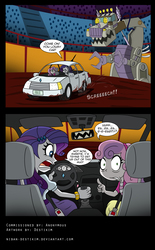Size: 1000x1609 | Tagged: safe, artist:niban-destikim, rarity, sweetie belle, robot, equestria girls, g4, car, clothes, comic, crossover, female, looking back, male, monster truck rally, mud, parody, robosaurus, seatbelt, simpsons did it, sisters, the simpsons, this will not end well, truckasaurus, worried